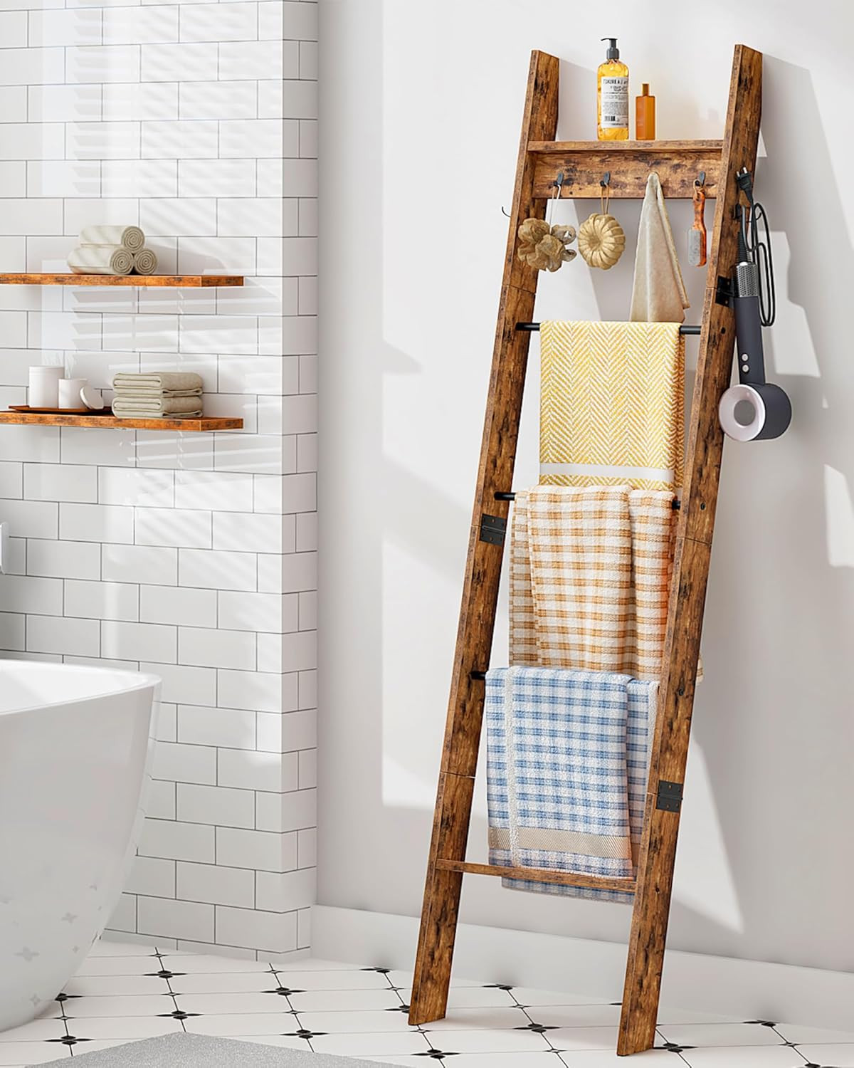 5-Tier Blanket Ladder, Wooden Blanket Display Rack, Towel Ladder with Hooks, Wal