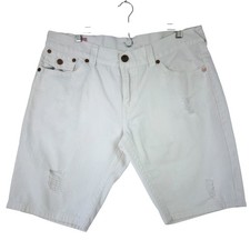 True Religion Ricky Denim Shorts Mens 40 White Distressed Skull Patch USA Made