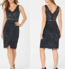 Adrianna Papell Women's Navy Heavily Beaded Dress V-Neck Faux Wrap Gown Size 10