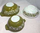 3 Vtg. Pyrex Spring Blossom Green ‘Crazy Daisy’ Cinderella Bowls   444, 443, 442