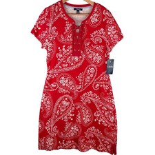 NWT Chaps Dress Bandana Print Red L Tie Front Short Sleeve Casual Fourth of July