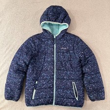 Eddie Bauer Reversible Puffer Fleece Jacket Girls Size Medium 10/12 Purple/Aqua