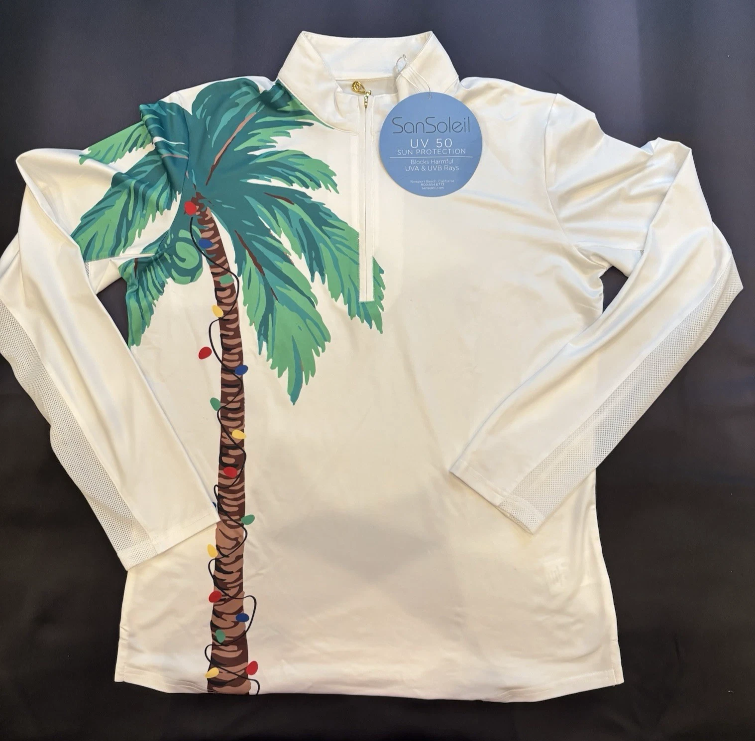 San Soleil Long Sleeve Sun Shirt, Med, White w/ palm trees and xmas lights NWT