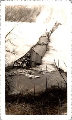 Collapsed Pratt Truss Bridge in Icy River Winter Disaster 1940s Photograph