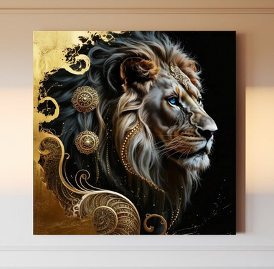 XXL LEINWAND BILD 4K BIS 140x140x5 LÖWE MIT GOLDSCHMUCK RAUBKATZE SCHWARZ TIERE