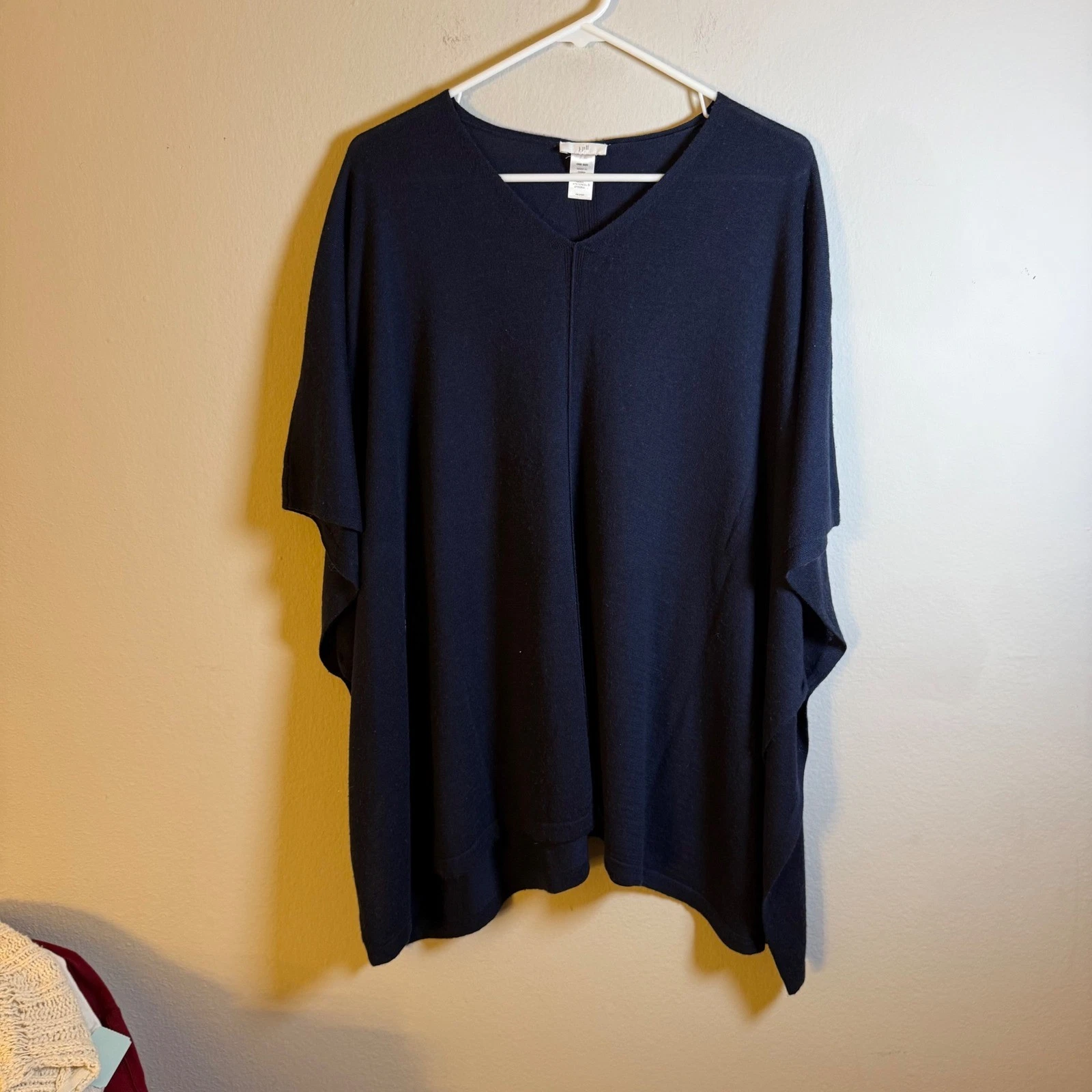 J. Jill Navy Blue Merino Wool Tencel Blend V-Neck Poncho Wrap OS