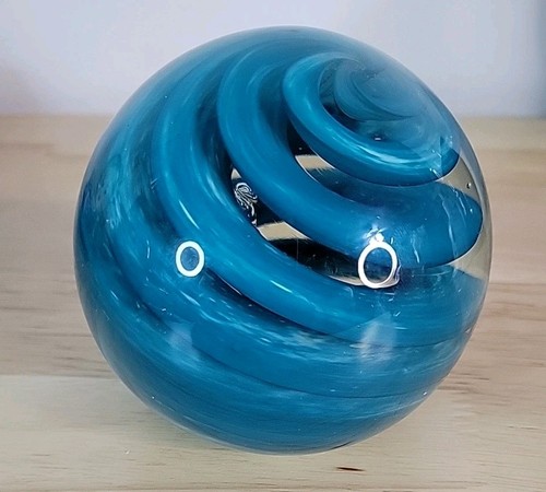 Turquoise White Swirled Paperweight Heavy Hand Blown - Picture 4 of 10