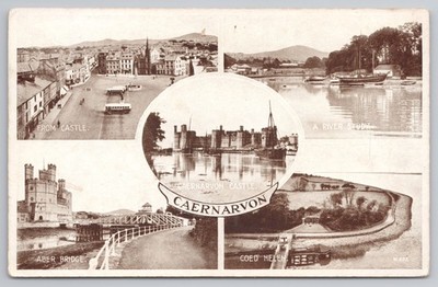 Caernarvon Multiview Castle Bridge Flussstudie Wales Topographie