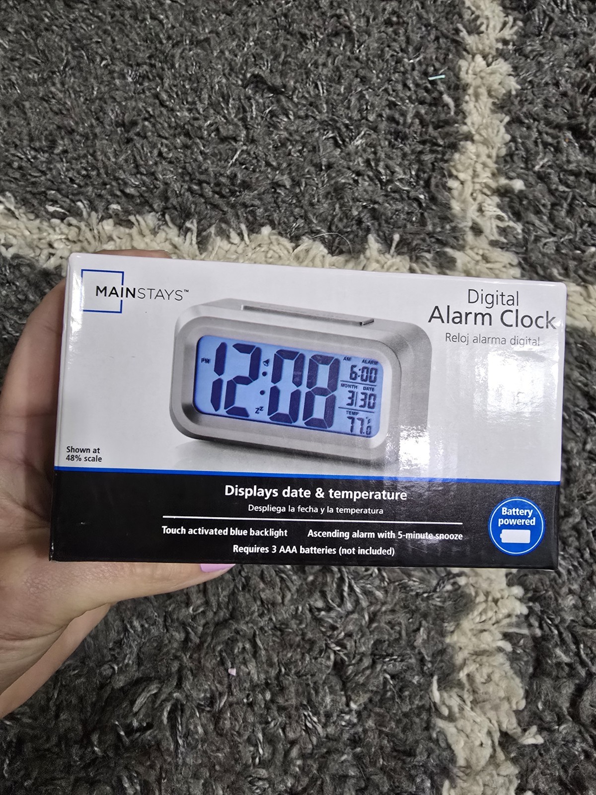 NIB Mainstays Silver Digital Alarm Clock W/ Date & Temperature