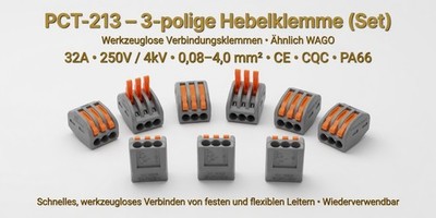   2x PCT-213 Hebelklemme 3-polig 32A 250V/4kV WAGO-ähnlich werkzeuglos  