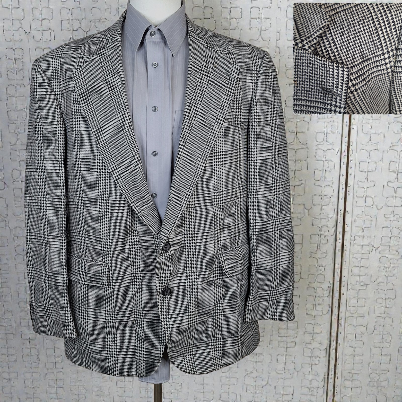 Evan Picone Sport Coat Blazer Mens 44R Gray Plaid VTG Wool