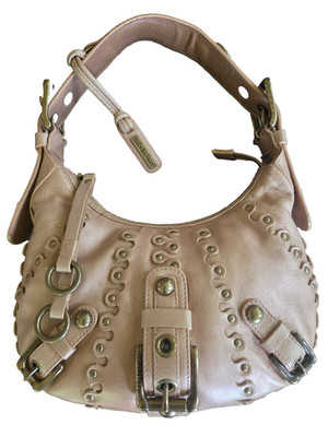 $695  Isabella Fiore Pink Leather Studded Hobo Bag Brass Buckle Whipstitch Purse
