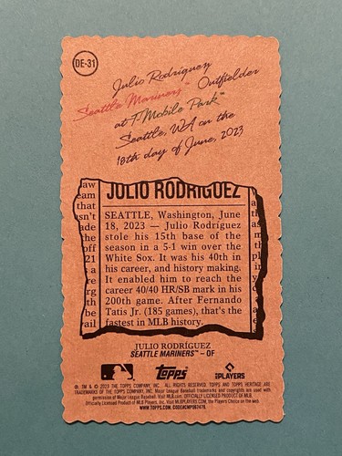 JULIO RODRIGUEZ (/200) (MINI DECKLE EDGE SSP) 2023 Topps Heritage #DE-31 MARINER - Picture 2 of 2