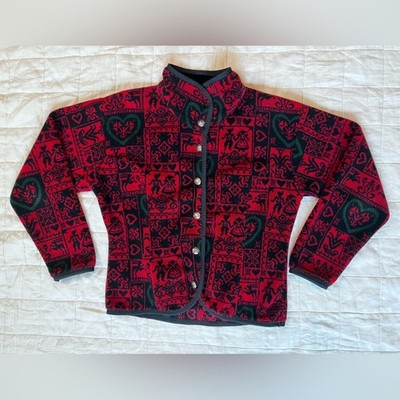VTG Red Black Scandinavian Nordic Graphic Fleece Button Jacket Holiday Festive-S