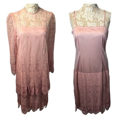 Vintage 90s Samax New York Pink Lace Sheer Overlay Dess Set size medium