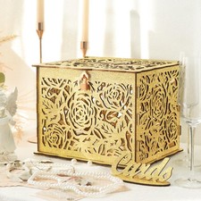 Glittery Gold Wedding Card Box with Lock, Wooden Gift Card Box for Wedding Re...
