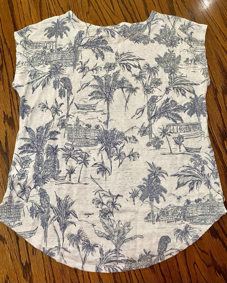 Joie Blue and White Tropical Print Linen Relaxed Fit Cap Sleeve Tee Shirt NWT - Image 3 of 4