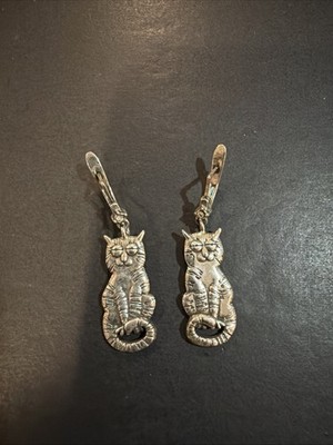 Vintage J JENAVI Designer Sterling Silver Cat Dangle Earrings