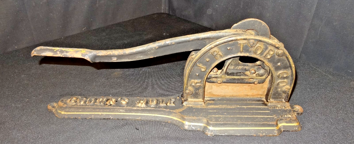 vintage tobacco cutter for sale ANTIQUE 1800'S CAST IRON RJR COMPANY BROWNS MULE PLUG TOBACCO Early 20th Century Cast Iron