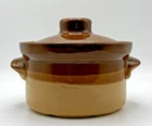 Vintage Brown Oven Proof Stoneware Crock/ Bean Bowl With Lid