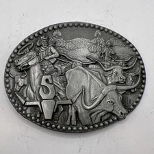 Vintage Cowboy Belt Buckle Cattle Drive Texas Rodeo Longhorn Bull ADM