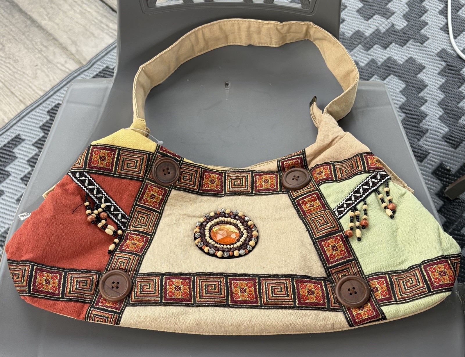 Vintage Y2K Bohemian Patchwork Hobo Bag Embellished Medallion Tribal Purse