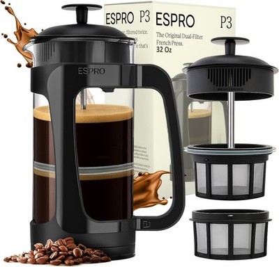 P3 French Press Coffee Maker Patented Double Micro-Filter for Grit-Free Brew