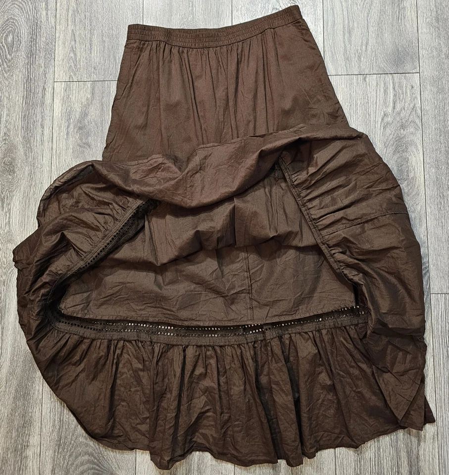 Saia Midi Vintage Y2K Antiga Marinha Forrada Camadas Marrom Feminina Tamanho Pequeno Cintura Elástica - Imagem 3 de 4