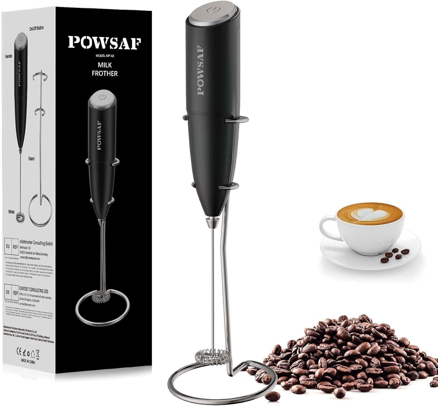 Milk Frother Handheld for Coffee with Stand - POWSAF Hand frother Wand, Electri