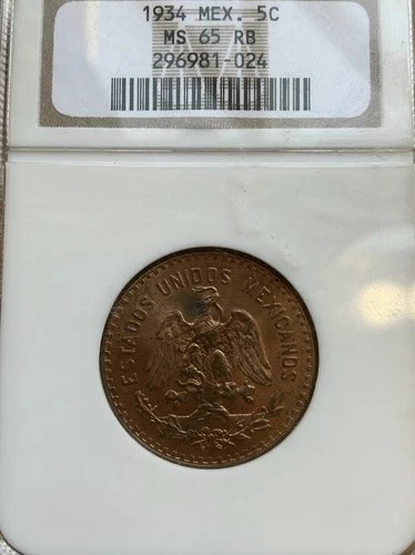 1934 Mo Mexico 5 Centavos NGC MS65 RB Best Price On eBay Only One Finer!