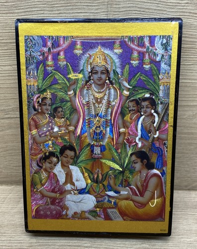 Vintage Hindu Religious Foil Art Framed Plaque Shimmering Wall Table Decor