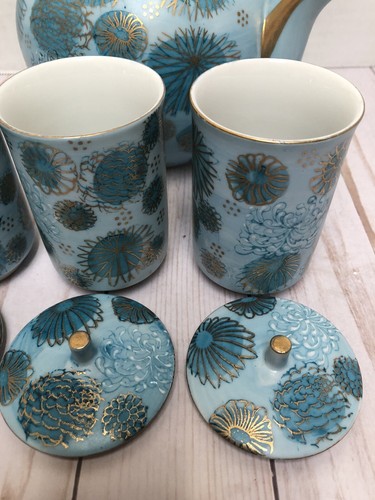 Blue Chrysanthemum Fujita Kutani Tea Set ~ Porcelain Teapot + 4 Lidded Cups MINT - Picture 17 of 20