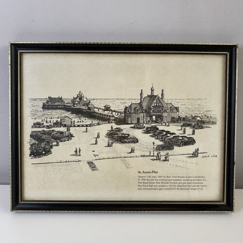 St Anne’s Pier Old Picture In Wooden Frame Seaside Lytham St Anne’s Beach Huts - Afbeelding 1 van 7
