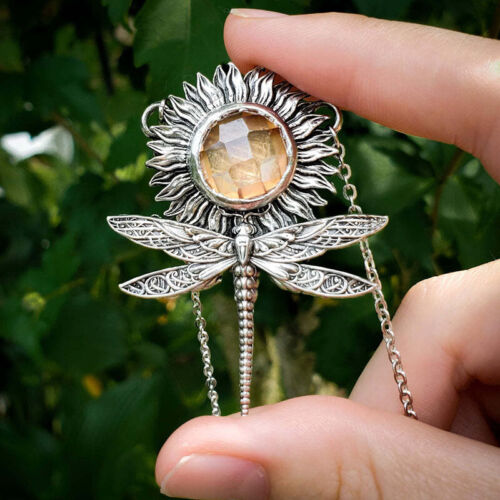Vintage Sunflower Dragonfly Pendant Boho Necklace Women Wedding Jewelry Gifts - Foto 1 di 5