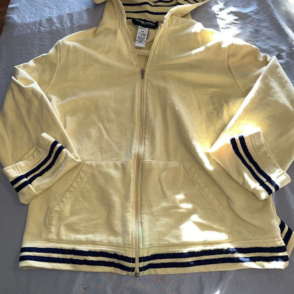 Sag Harbor Sport Women's Yellow Hoodie Sweater Full Zip Size Large Black Stripe - Image 4 of 4