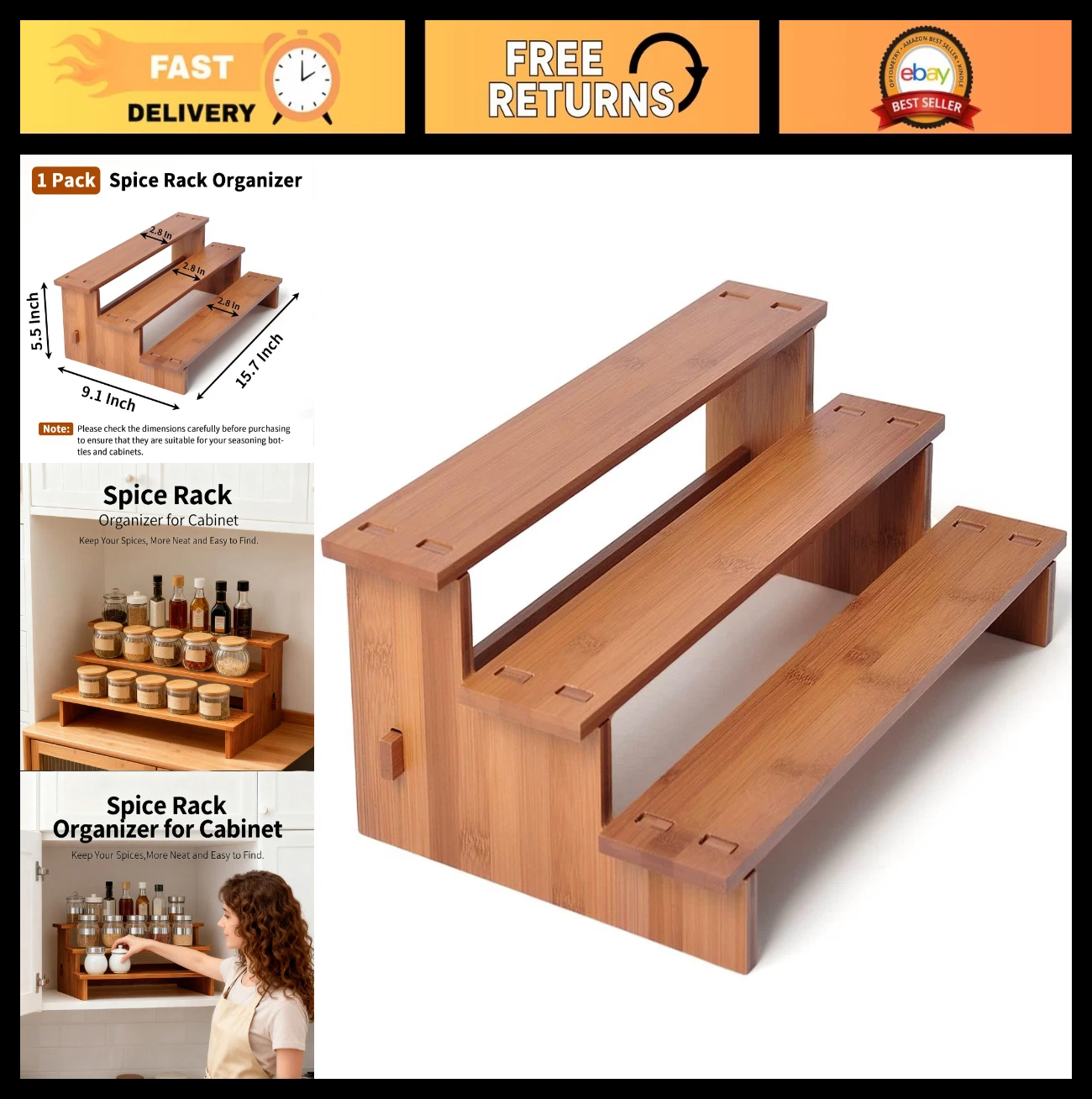 3-Tier Spice Rack Organizer for Cabinet - Kitchen Seasoning Storage, Dark Bamboo
