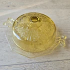 Federal Sharon Cabbage Rose Depression Glass Butter Cheese Dish Lid Yellow Amber