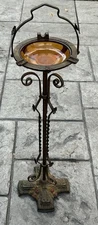 GORGEOUS Vintage ORNATE Art Nouveau Ashtray Stand Cast Iron AMBER Glass Flowers!