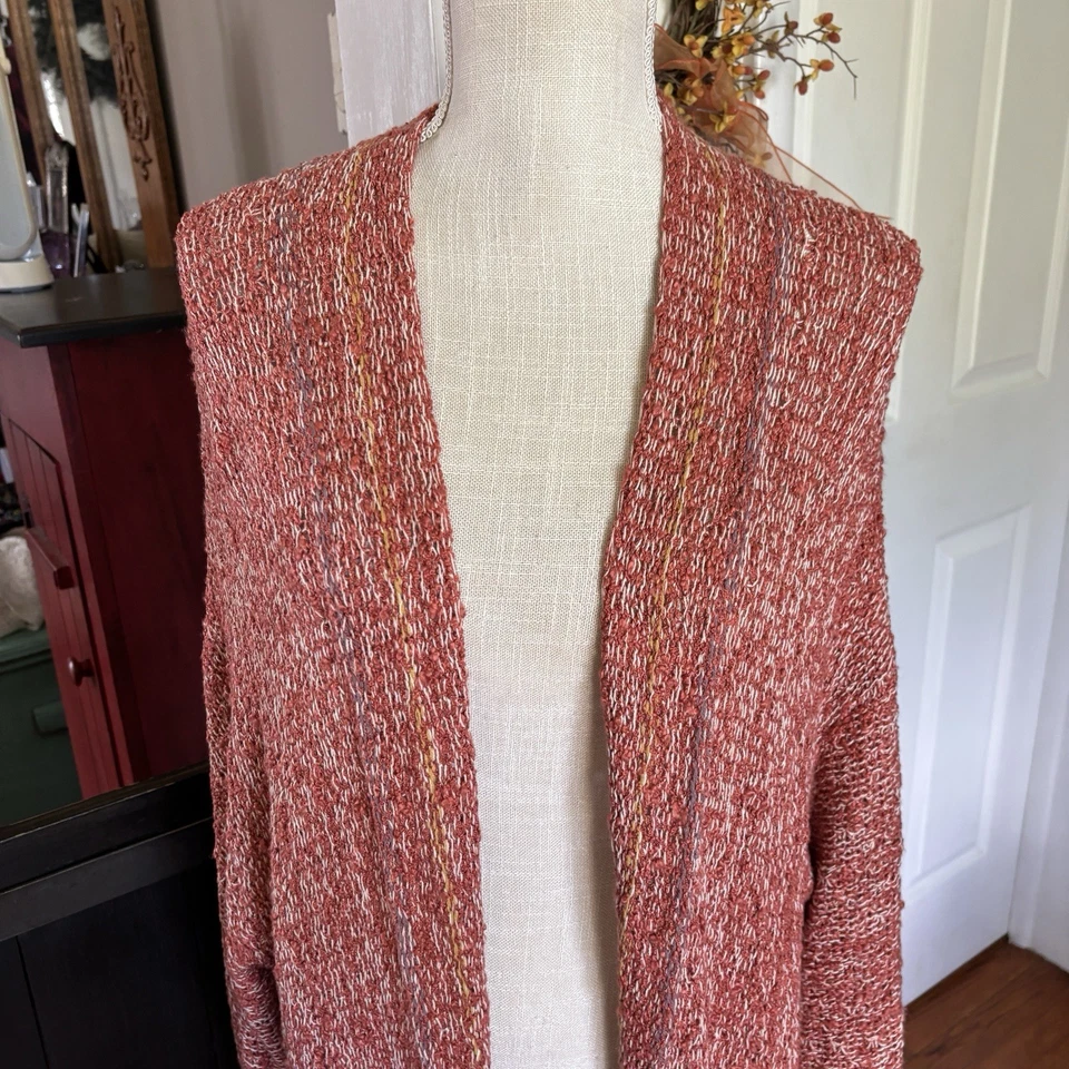 Easel Open Front Cardigan Maxi Duster Sz Lg Knit Weave Fringe Hem Autumn Colors - Image 2 of 4