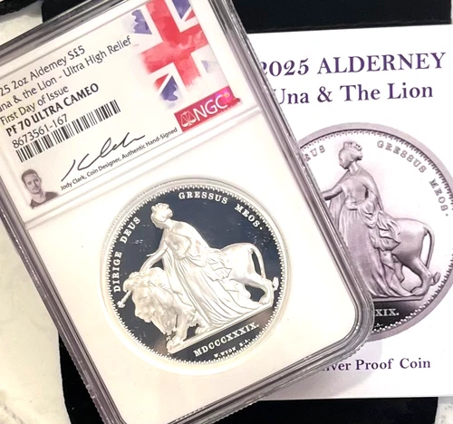 2025 Alderney UK £5 UNA & THE LION 2 Oz UHR Silver  NGC PF70 FDOI - CLARK 🇬🇧