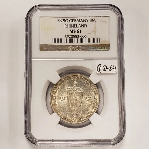 1925-G Germany Weimar Rhineland 3 Mark  .2411 oz ASW - NGC MS 61 - Q2464