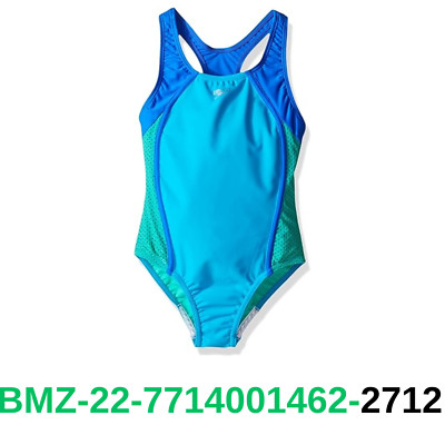 Speedo Girl's Swimsuit One Piece Mesh Splice Thick Strap, Cyan, 12