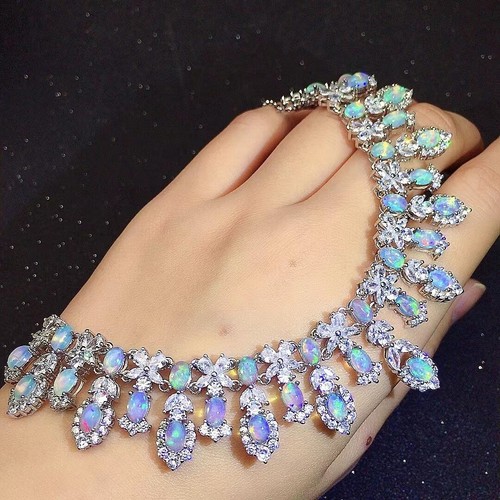 Collana opale naturale pavè bianco diamanti alto tenore di carbonio argento 925 e certificato - Foto 3 di 15