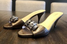 PRADA Bronze Patent Kitten Heels Rhinestone Embellished Open Toe 37.5 EU/7 US