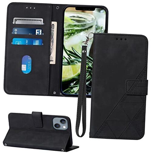 for iPhone 13 Wallet Case/iPhone 14 Case Wallet,[Kickstand] [Wrist Strap] Black