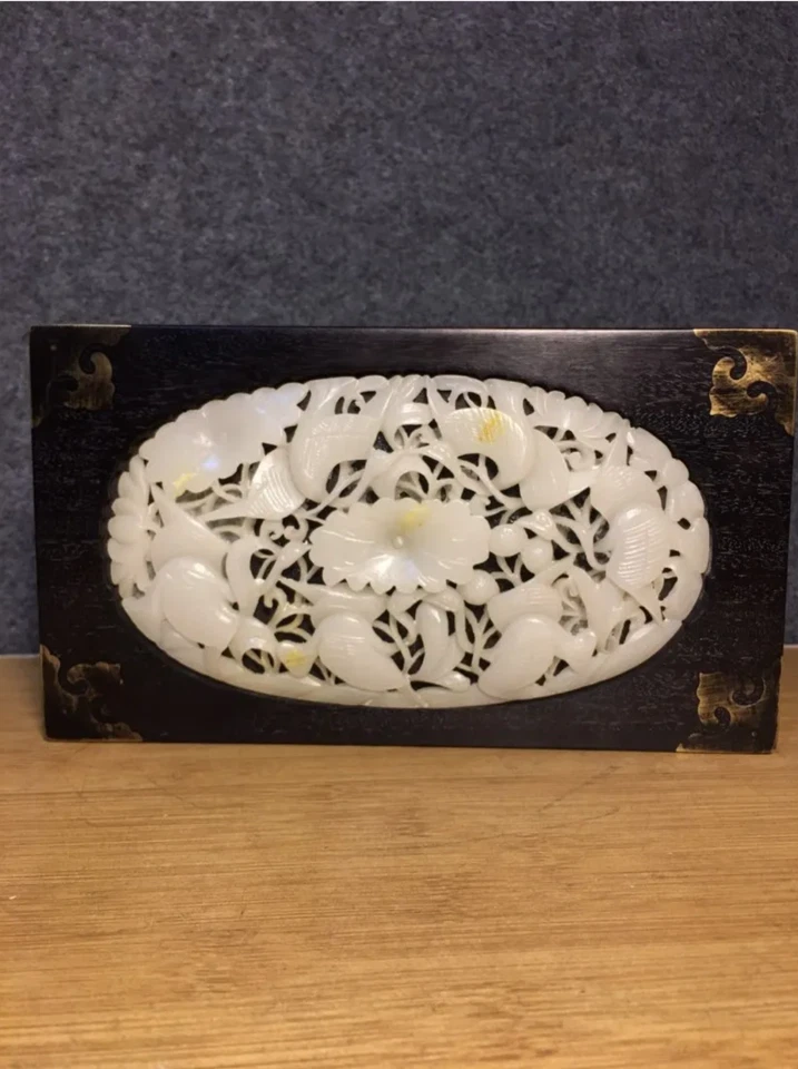 Caixa de joias vintage chinesa de madeira dura incrustada branca de jade Afeganistão - Imagem 2 de 4