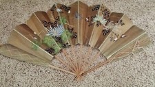 Antique hand painted Fan with strung silk bamboo supports - Metallic Detail
