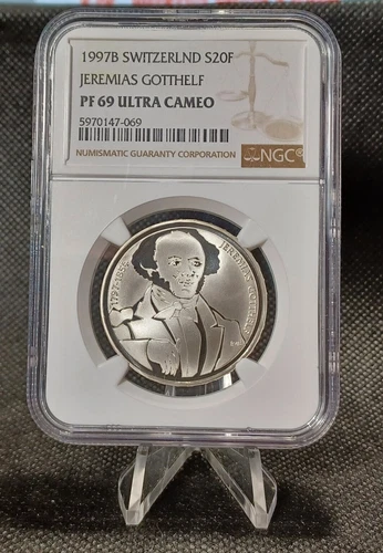 1997 Switzerland 20 Francs Birth of Author J. Gotthelf Proof Silver NGC PF69UCAM