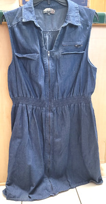 J Gee Women's Vintage Denim Dress Full Zipper 2X Pockets Cotton Gathered Waist