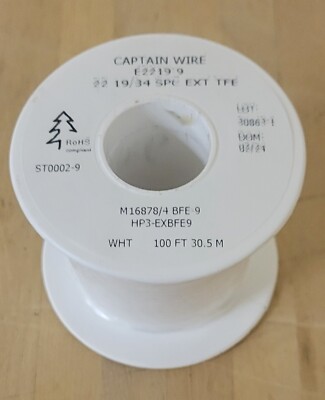 22 AWG Mil-Spec Wire, PTFE Insulated, Stranded Silver Plated, White, 100 ft